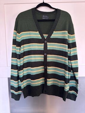 ASOS Olive Green V-Neck Striped Cardigan with Mint and Cream